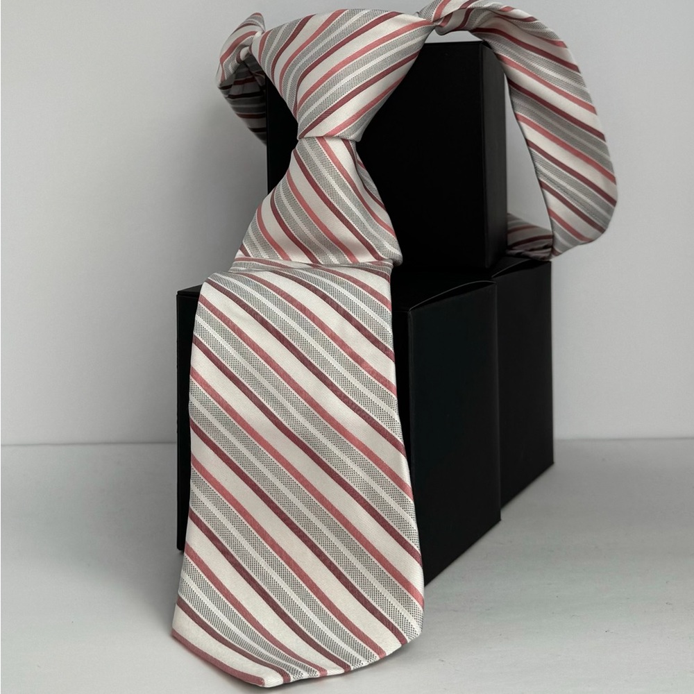 Calvin Klein Striped White Grey Pink Silk Tie